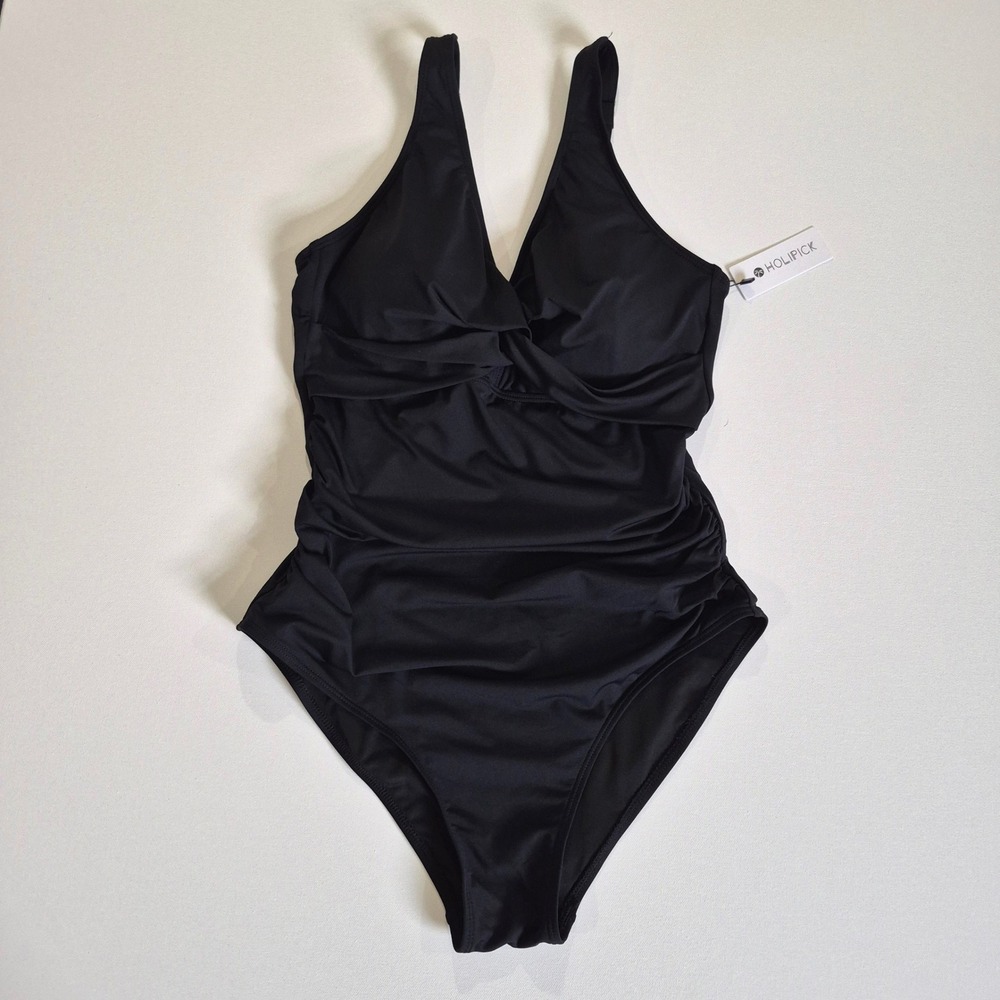 Holipick Womens One Piece Swimsuit Black Ruched Twist Front V Neck Tummy Control